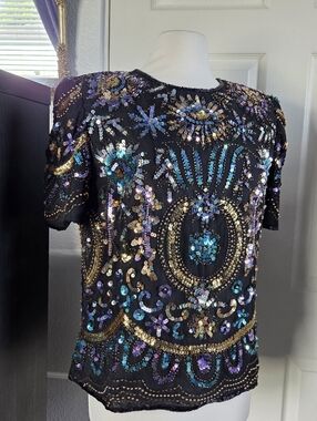 Vintage Sequin Top Laurence Kazar Black Sparkly Silk Blouse Size Large